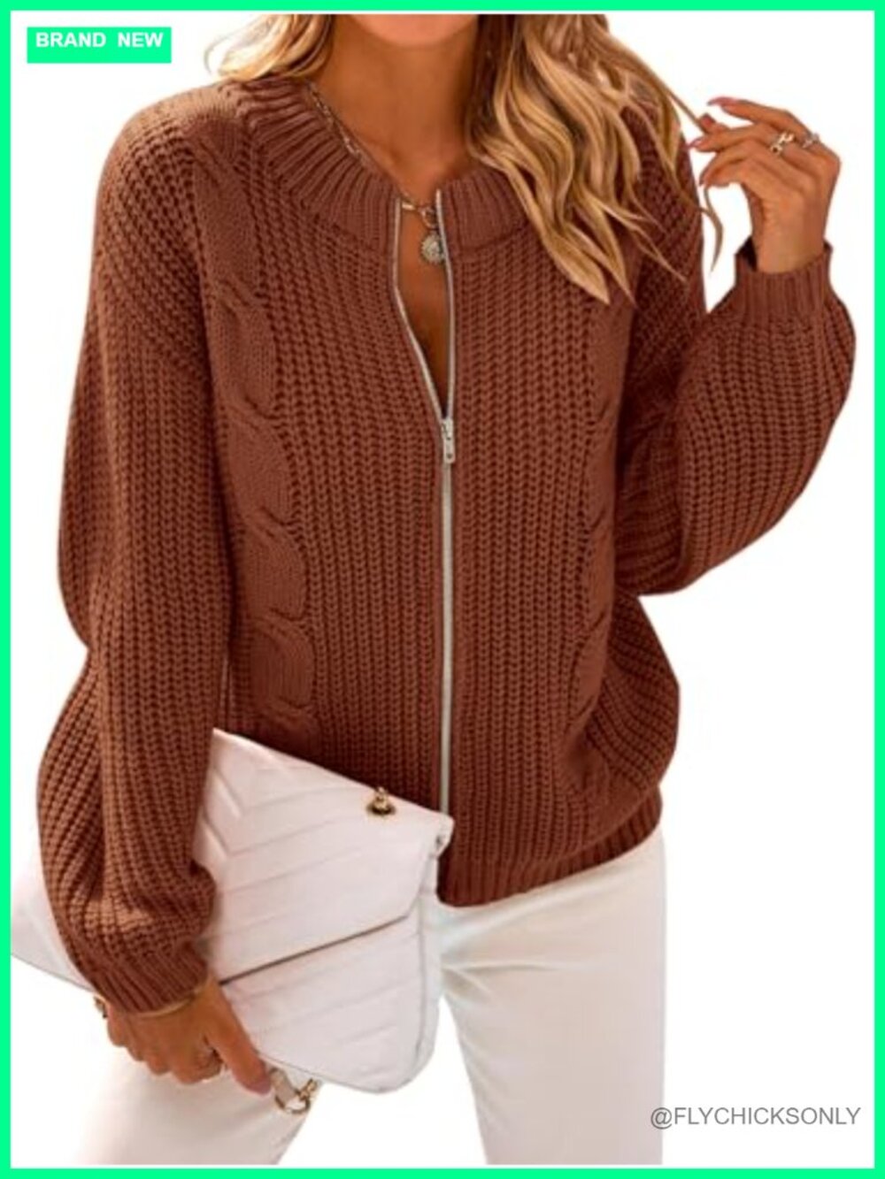 Women Chunky Knit Open Front Cardigan Long Sleeve Zip Up Short Loose Sweater